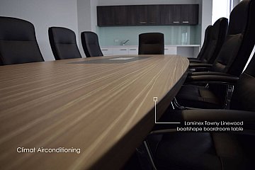 Climat Air-conditioning, boatshape boardroom table with leather inlay power dock and Eccosit Wing polished frame
