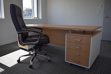 Climat Airconditioning, CEO desk with feature steel spacers in Laminex Sublime Teak/Polar White