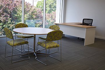Climat Airconditioning, Executive desk with matching meeting table in Laminex Sublime Teak/Polar White