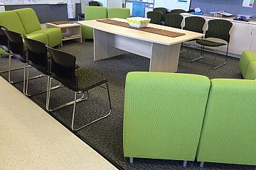 Crossways Lutheran, staff room with custom Retro lounges, Adam chairs & H frame boardroom table