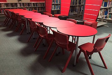 Playford International College, mobile Podz crescent tables in Olympia Red