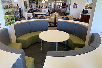 St. Martins Lutheran, dual Campfire setting with green seat and charcoal back and black Mata stools