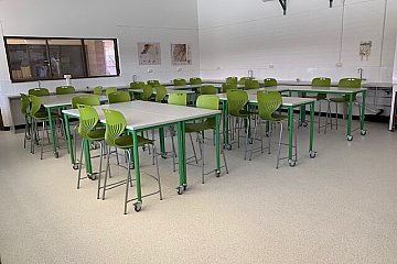 Hallet Cove R-12, custom mobile Heavy Duty bar height tables with green Mata stools