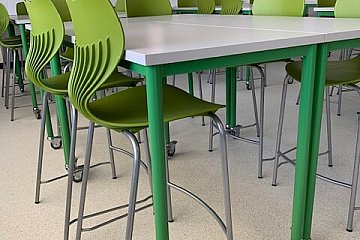 Hallet Cove R-12, custom mobile Heavy Duty bar height tables with green Mata stools