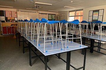 Victor Harbour High, custom H frame Heavy Duty tables with blue Tract stools