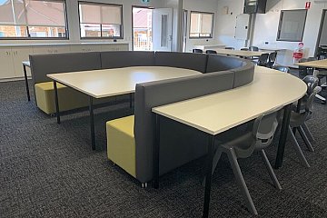 Southern Montessori School, custom Habitat setting in Access Meadow seat & Principal Plus Steel vinyl with Ergostack student chairs