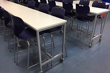 Kapunda High, custom mobile Heavy Duty tables with blue Mata stools