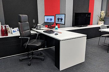 Mile End Office Furniture, electric height adjustable SoHo setting in Laminex Polar White/Textured Black Nuance