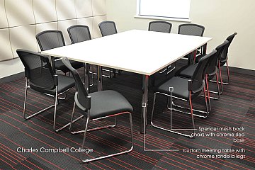 Charles Campbell College, Rondella tables with sled base Spencer chairs